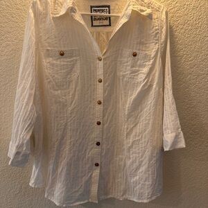 Avenue White Crinkle Cotton Button-Up Shirt 14/16 Lightweight Boho Classic